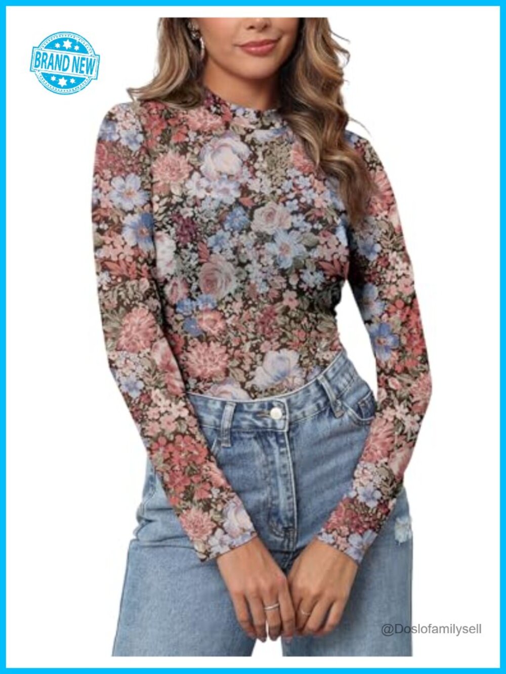 Womens Mesh Floral Long Sleeve Mock Neck Sheer Blouse Layering Top